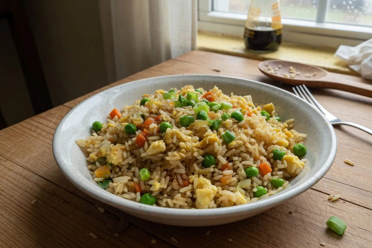 Vegetable Fried Rice with Egg. Day-old rice fried hot until the grains toast, with scrambled egg, peas and carrots, green onions and soy sauce.